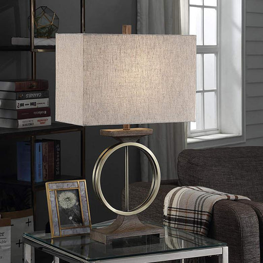 Edwards Brass Ring and Molded Brown Wood-Like Table Lamp