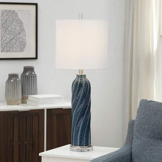 Diagonal Textured Glossy Turquoise Blue Ceramic Table Lamp