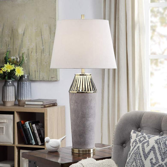 Grand Gray Ceramic Column with Slotted Brass Top Table Lamp