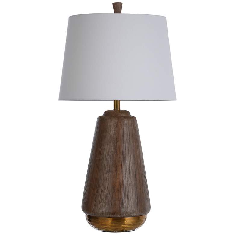 Wolcott Round Faux Wood Table Lamp with Hammered Brass Base