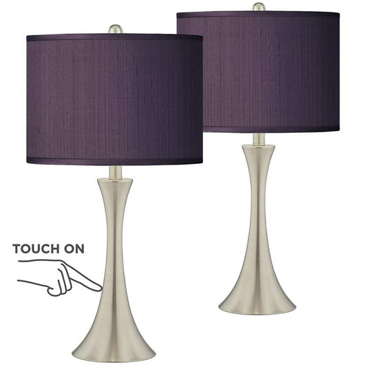 Eggplant Purple Faux Silk Brushed Nickel Touch Table Lamps Set of 2