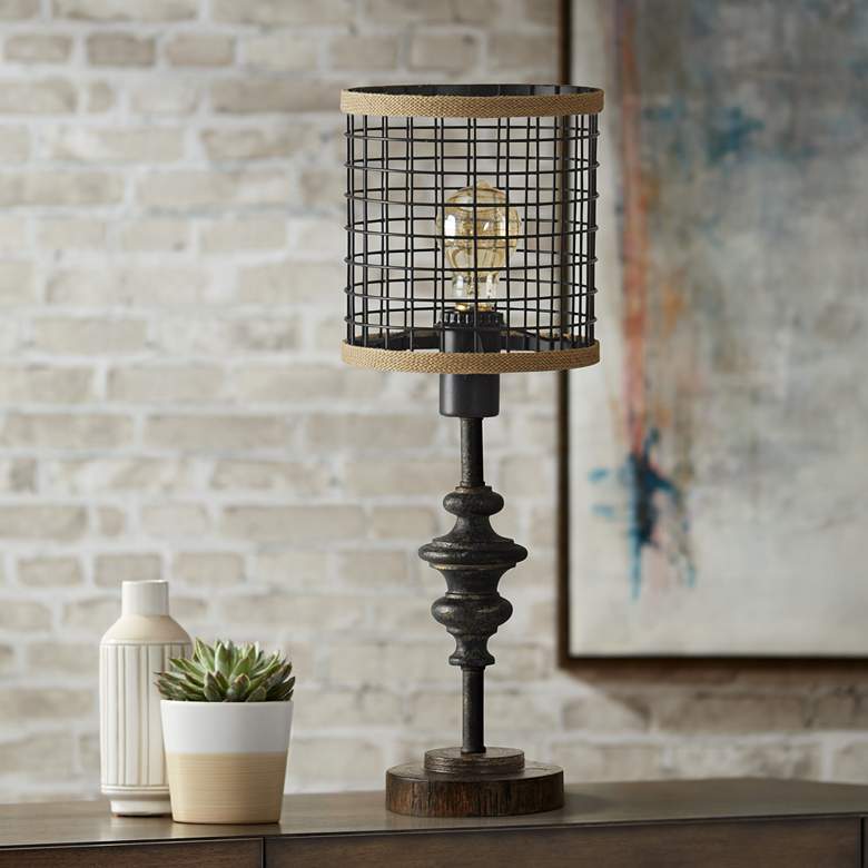 Jalome Vintage 20"H Black Metal and Burlap Cage Table Lamp