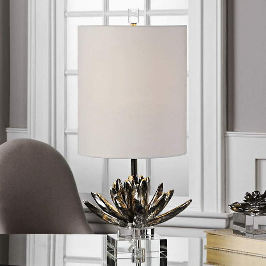 Antiqued Metallic Silver Lotus Buffet Table Lamp