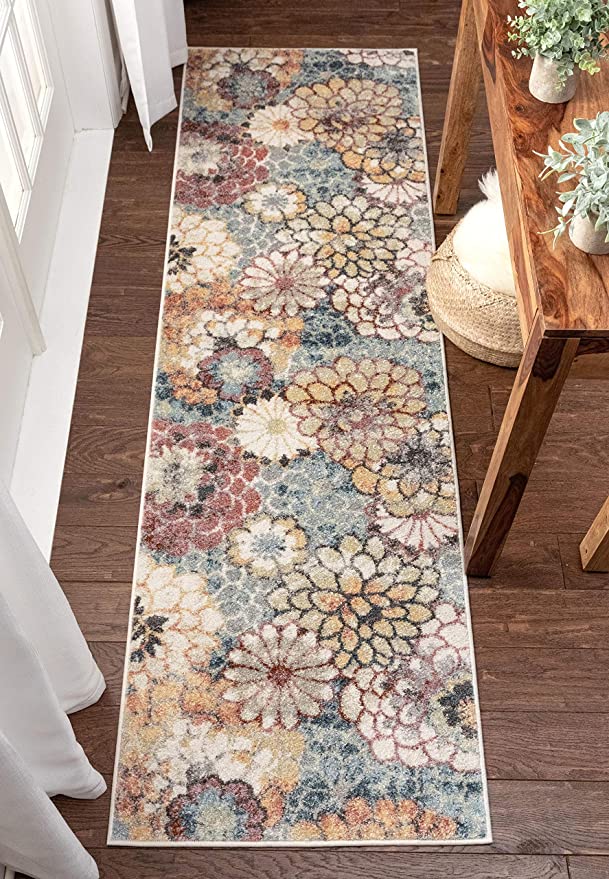 Leeza Modern Multi Blue Floral Geometric Pattern Area Rug