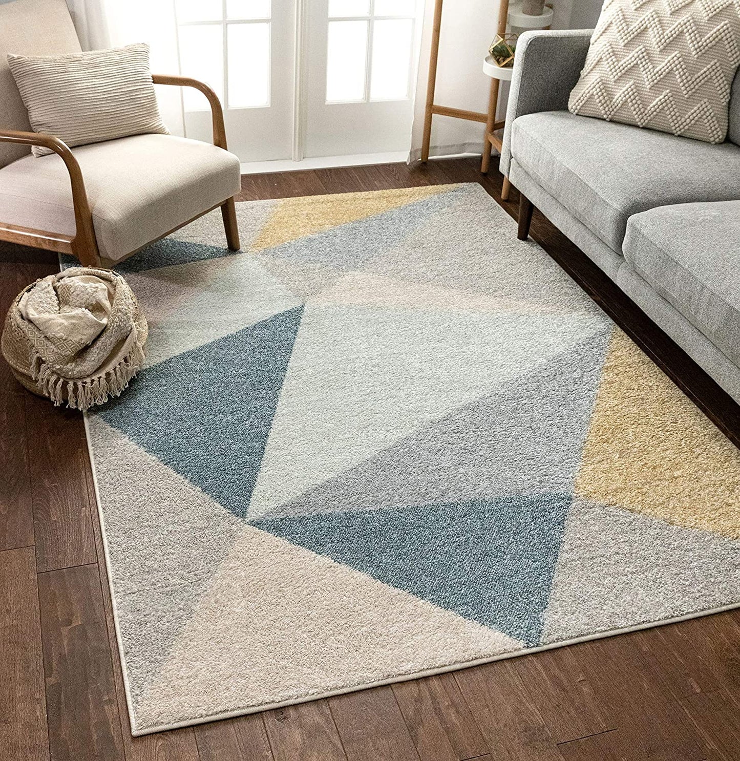Modern Abstract Triangles Blue Gold Grey Soft Area Rug