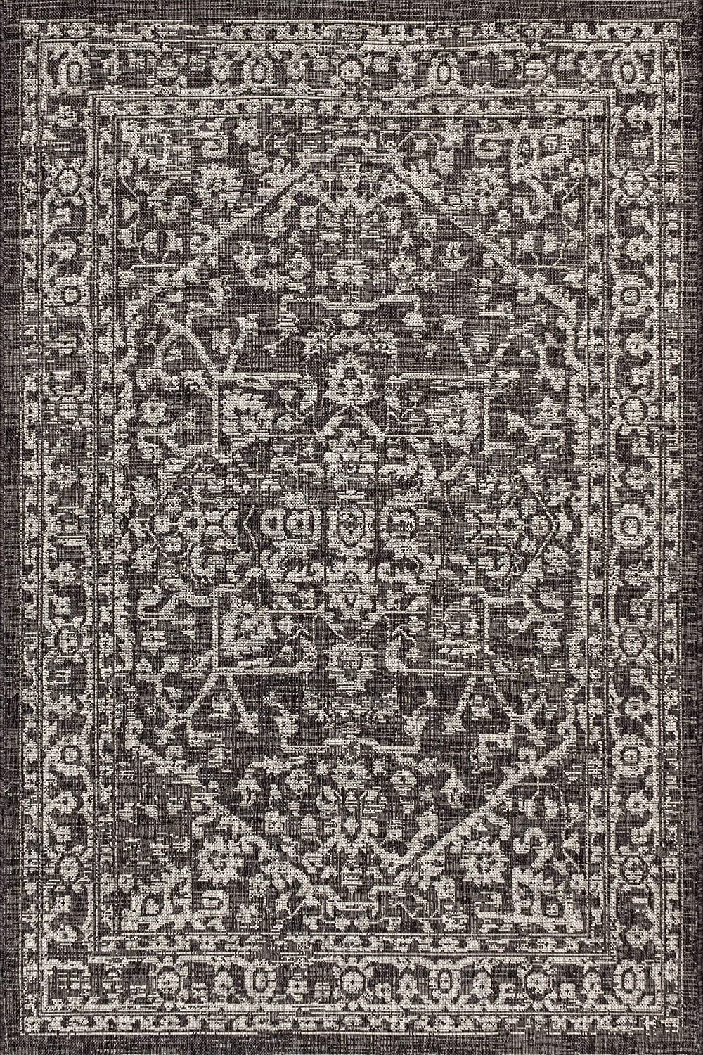 Malta Bohemian Medallion Textured Weave Indoor/Outdoor Black/Gray Area Rug