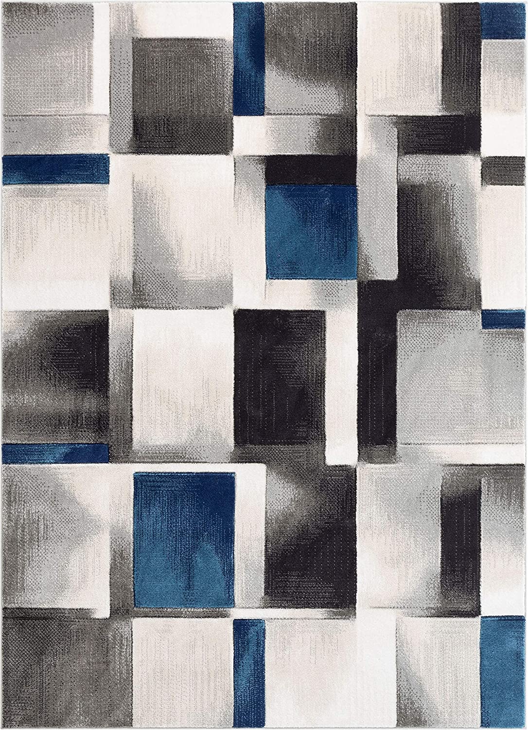 Modern Geometric Boxes Squares Pattern Blue Grey Soft Area Rug