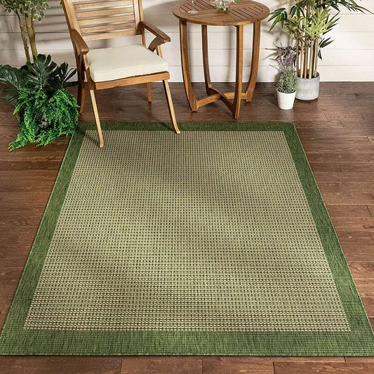 Woden Green Indoor/Outdoor Flat Weave Pile Border Pattern Rug