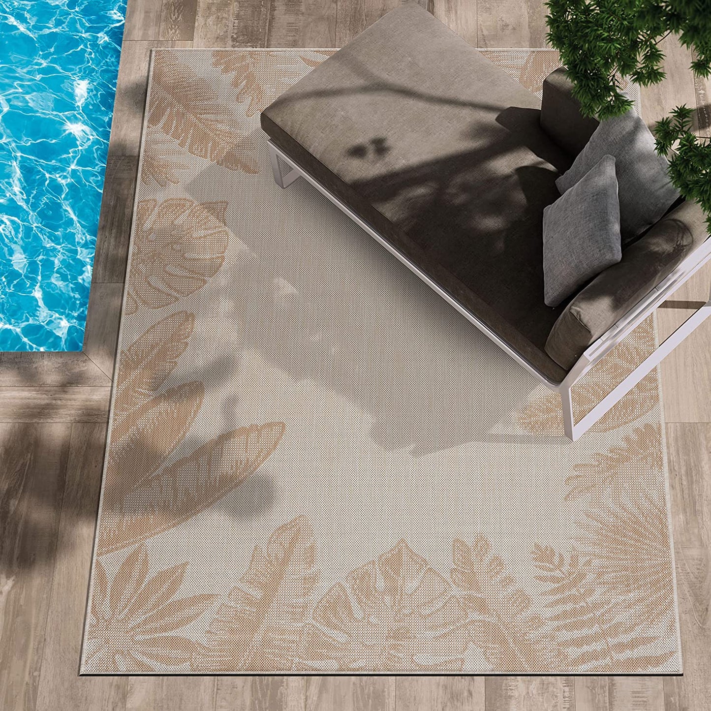 Modern Exotic Tropical Leaf Area Rugs for Indoor Outdoor - Beige / White