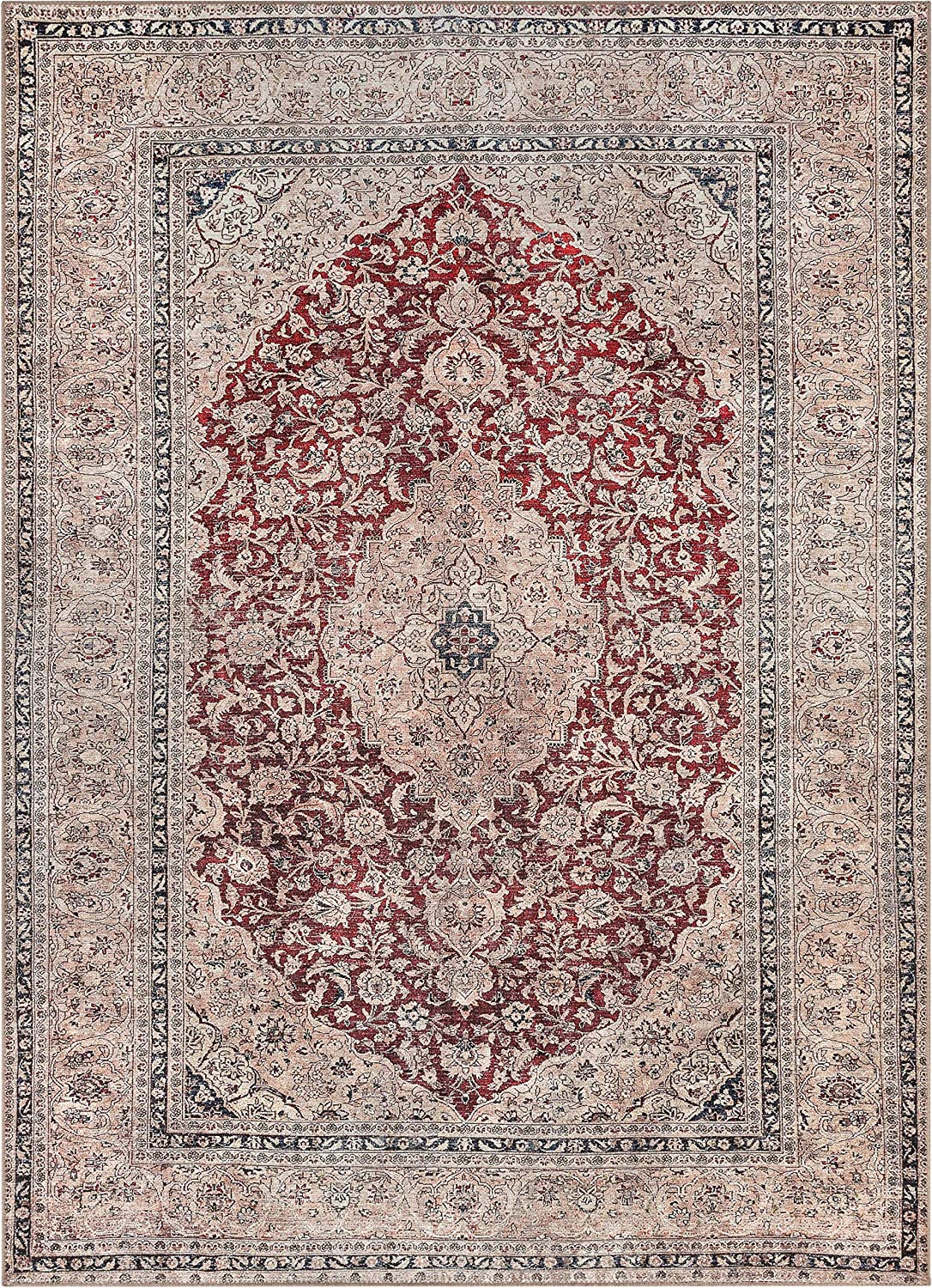 Tonti Red Machine Washable Vintage Style Classic Distsressed Persian Area Rug