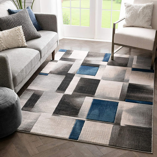 Modern Geometric Boxes Squares Pattern Blue Grey Soft Area Rug