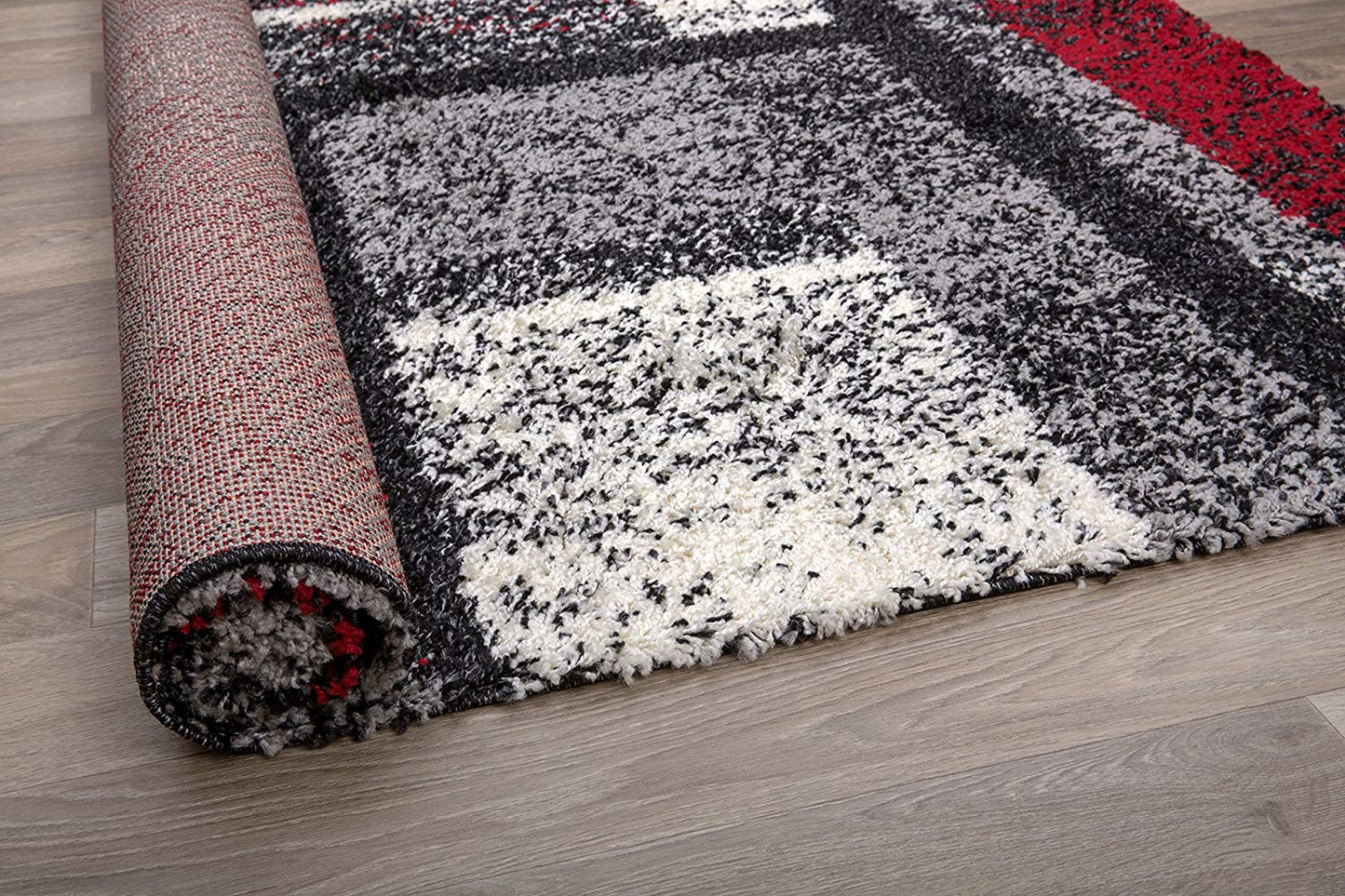 Geometric Pattern Red Gray Cozy Shag Area Rugs