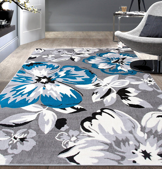 Gray/Grey Teal Blue White Floral Area Rugs