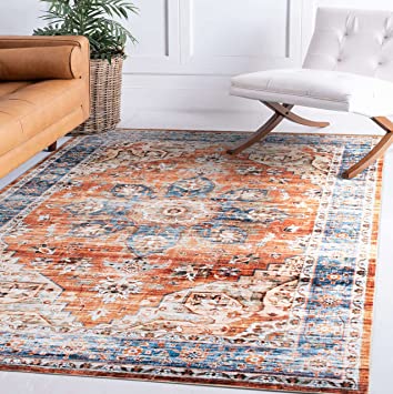 Transitional Medallion Machine Washable Non Slip Area Rug Rust