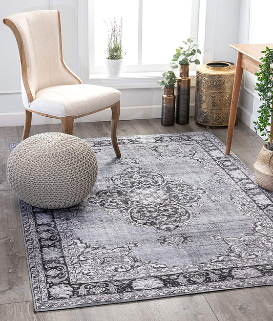 Mareva Machine Washable Grey Vintage Oriental Medallion Area Rug