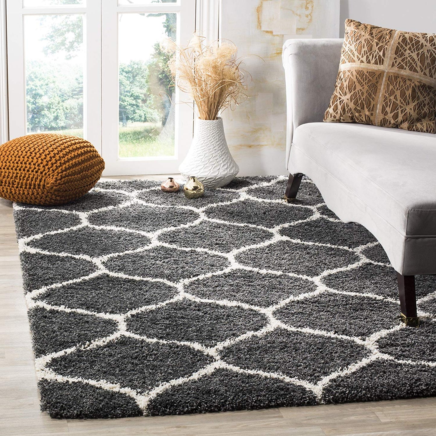 Moroccan Pattern Dark Grey Ivory Plush Shag Area Rug