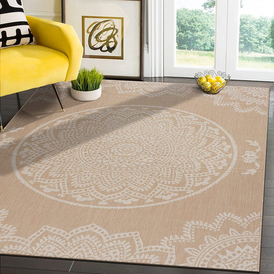 Modern Area Rugs for Indoor Outdoor patios - Medallion - Beige / White