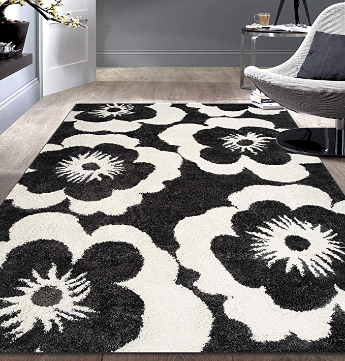 Floral Dark Gray Ivory Soft Shag Area Rug