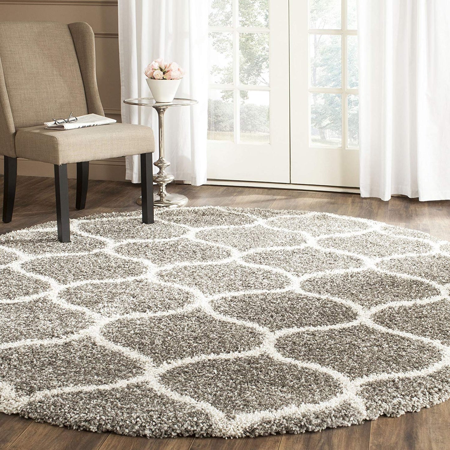 Moroccan Pattern Grey Ivory Plush Shag Area Rug