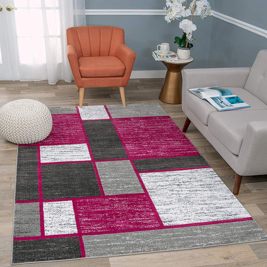 Box Pattern Pink Grey White Soft Area Rug