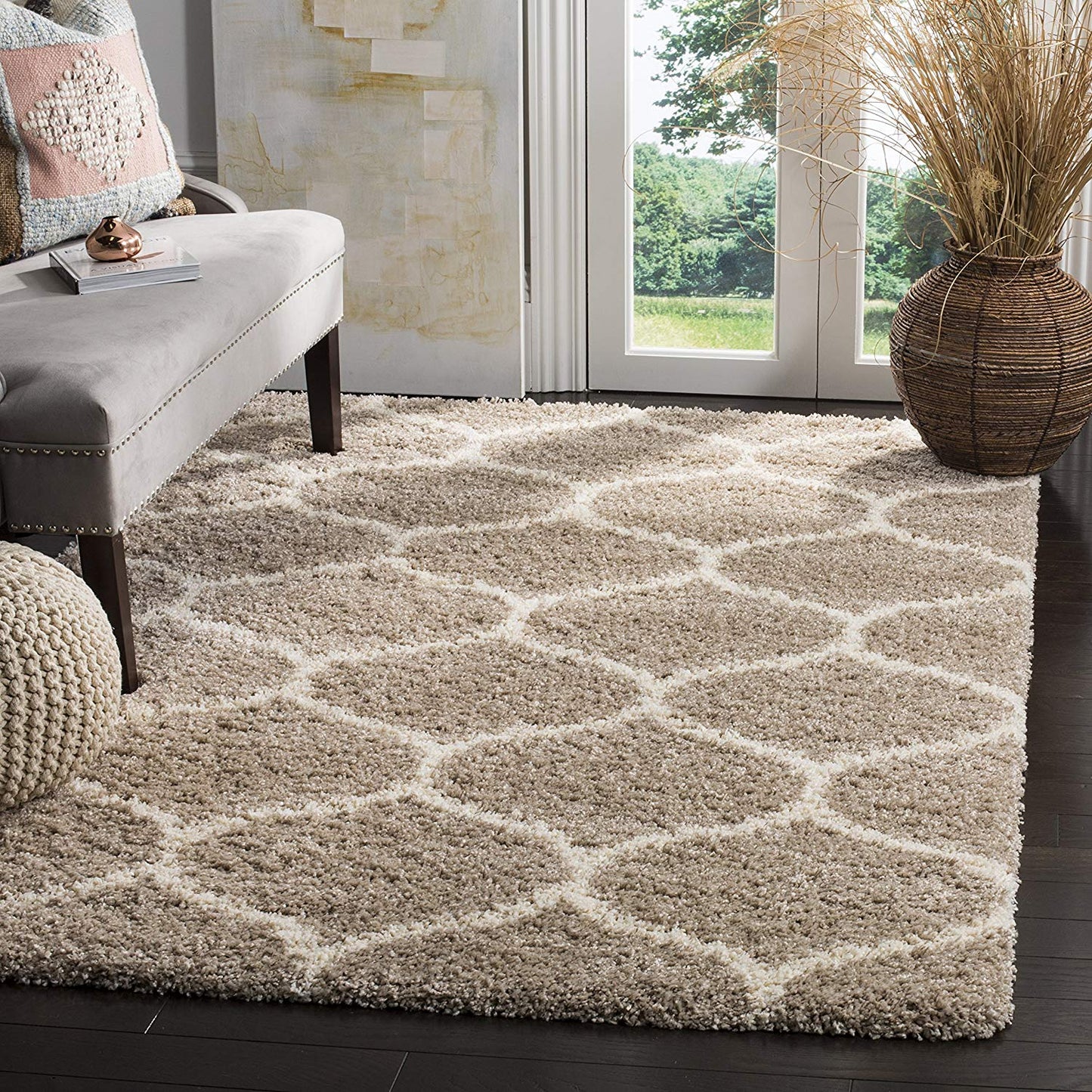 Moroccan Pattern Beige Ivory Plush Shag Area Rug