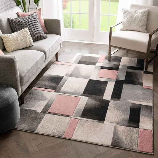 Blush Pink Modern Geometric Boxes Squares Pattern Soft Area Rug