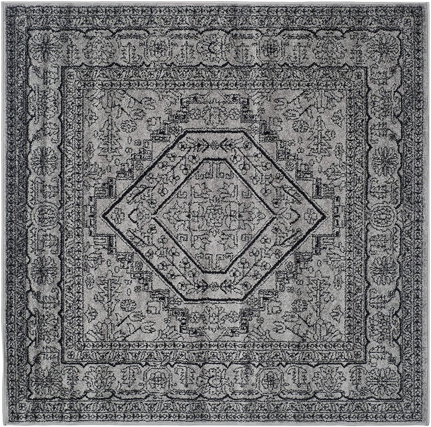 Oriental Vintage Distressed Medallion Silver/Black Soft Area Rug