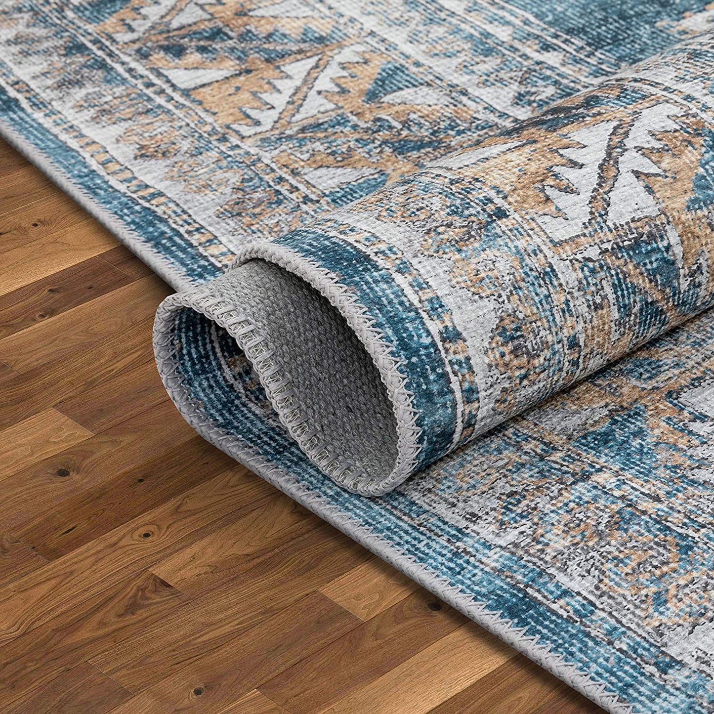 Habra Light Blue Machine Washable Vintage Classic Distsressed Persian Mat Soft Area Rug