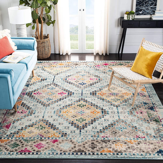 Boho Diamond Distressed Area Rug, Blue/Yellow