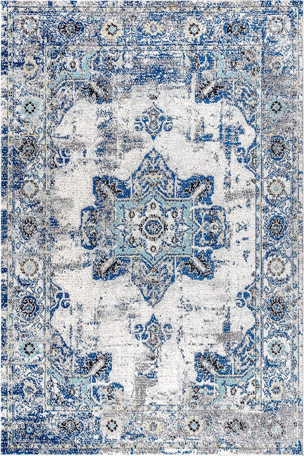 Modern Persian Boho Vintage Medallion Cream/Blue Soft Area Rug