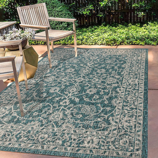Palazzo Vine and Border Textured Weave Indoor/Outdoor Teal/Gray