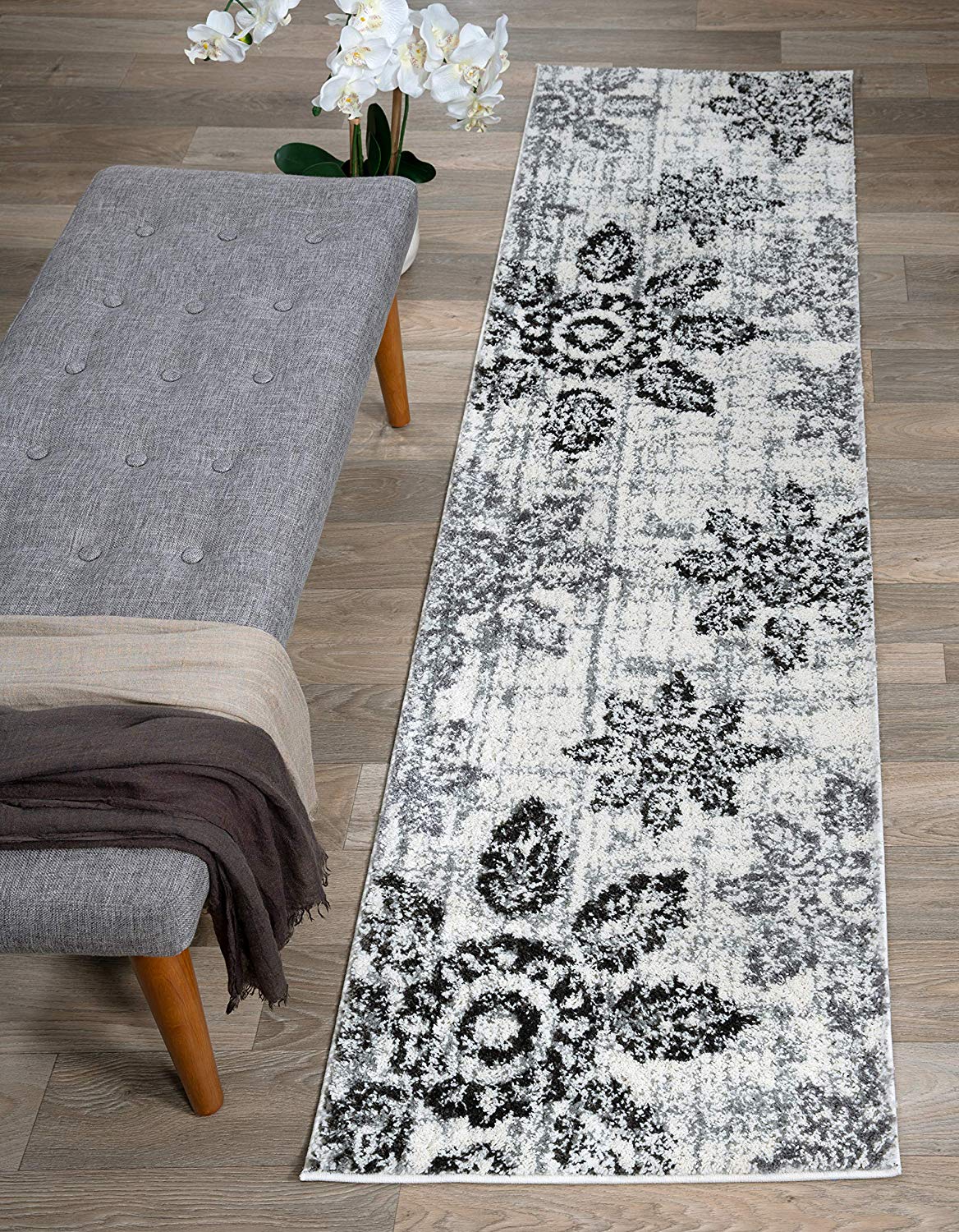 Distressed Floral Soft Ivory Gray Shag Area Rug