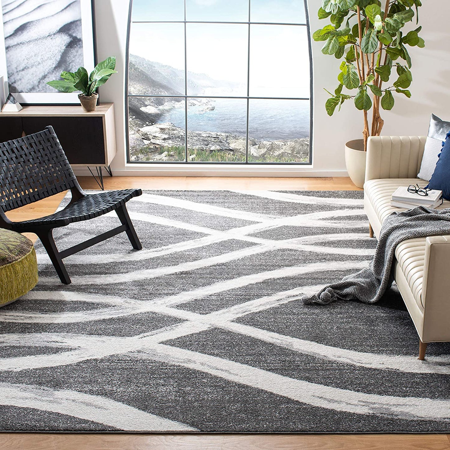 Safavieh Adirondack Collection ADR125R Modern Wave Distressed Non-Shedding Stain Resistant Living Room Bedroom Area Rug, 8' x 10', Charcoal / Ivory