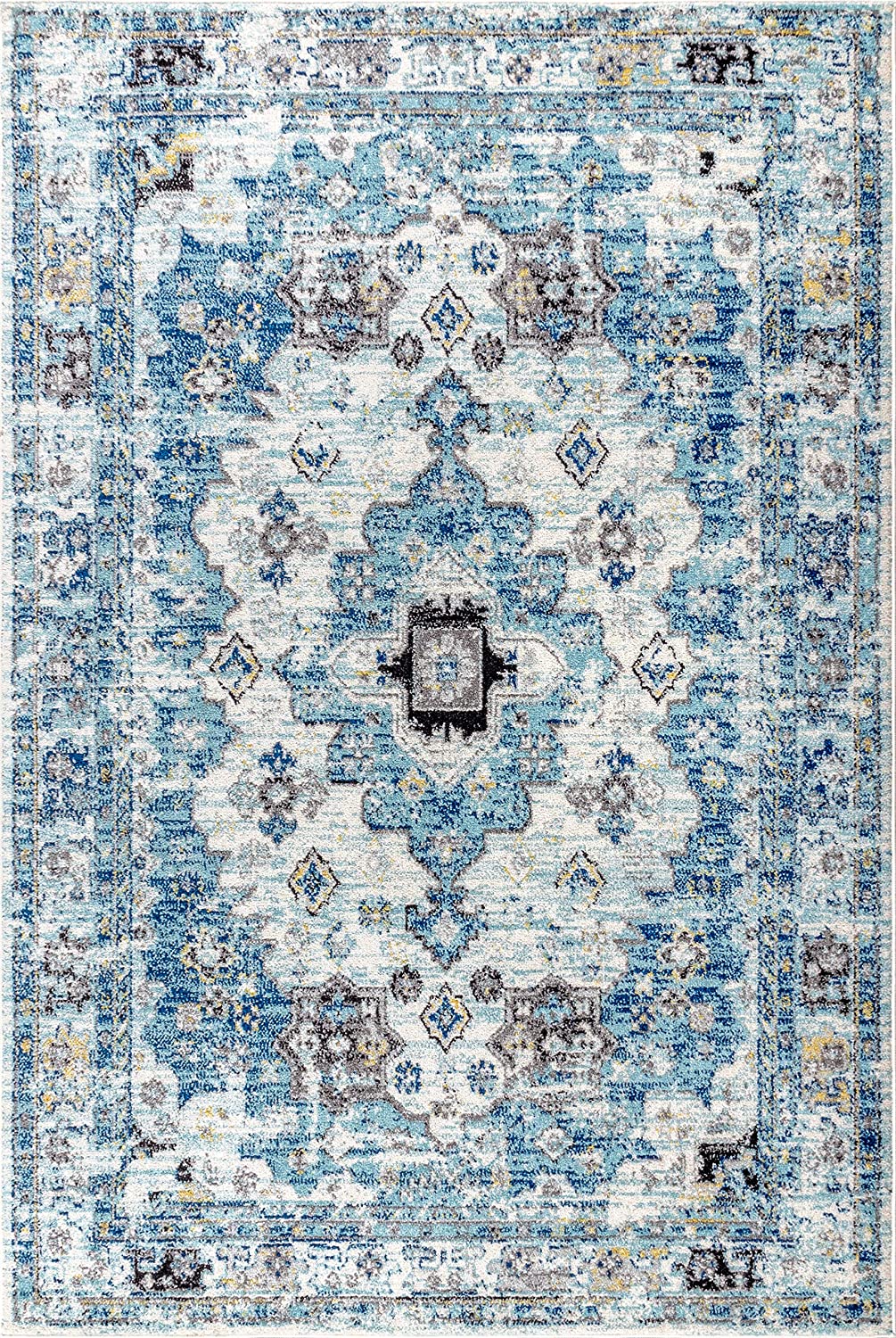 Modern Persian Boho Vintage Medallion Cream/Blue Soft Area Rug