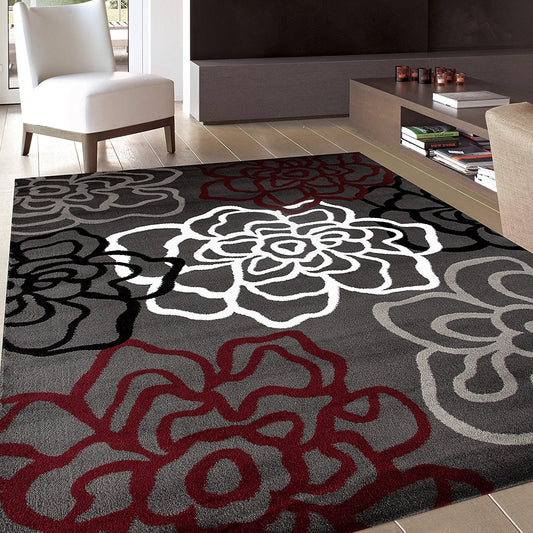Floral Gray/Grey Red White Area Rug