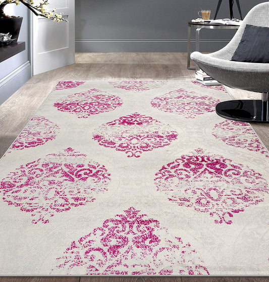 Floral Damask Pink Ivory Area Rug