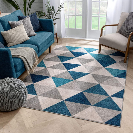 Isometry  Modern blue grey Geometric Triangle Pattern Soft Area Rug