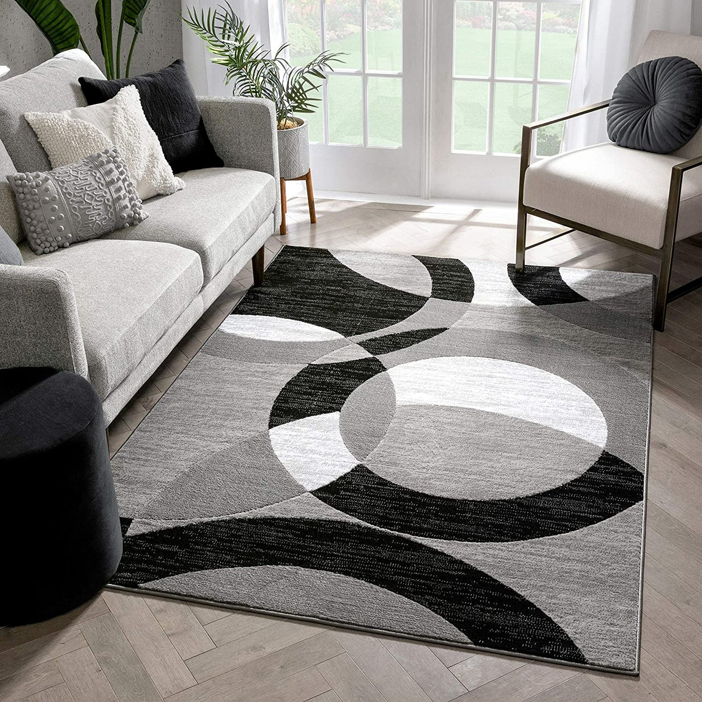 Grey Geometric Modern Casual Abstract Boxes Lines Circles Soft Area Rug