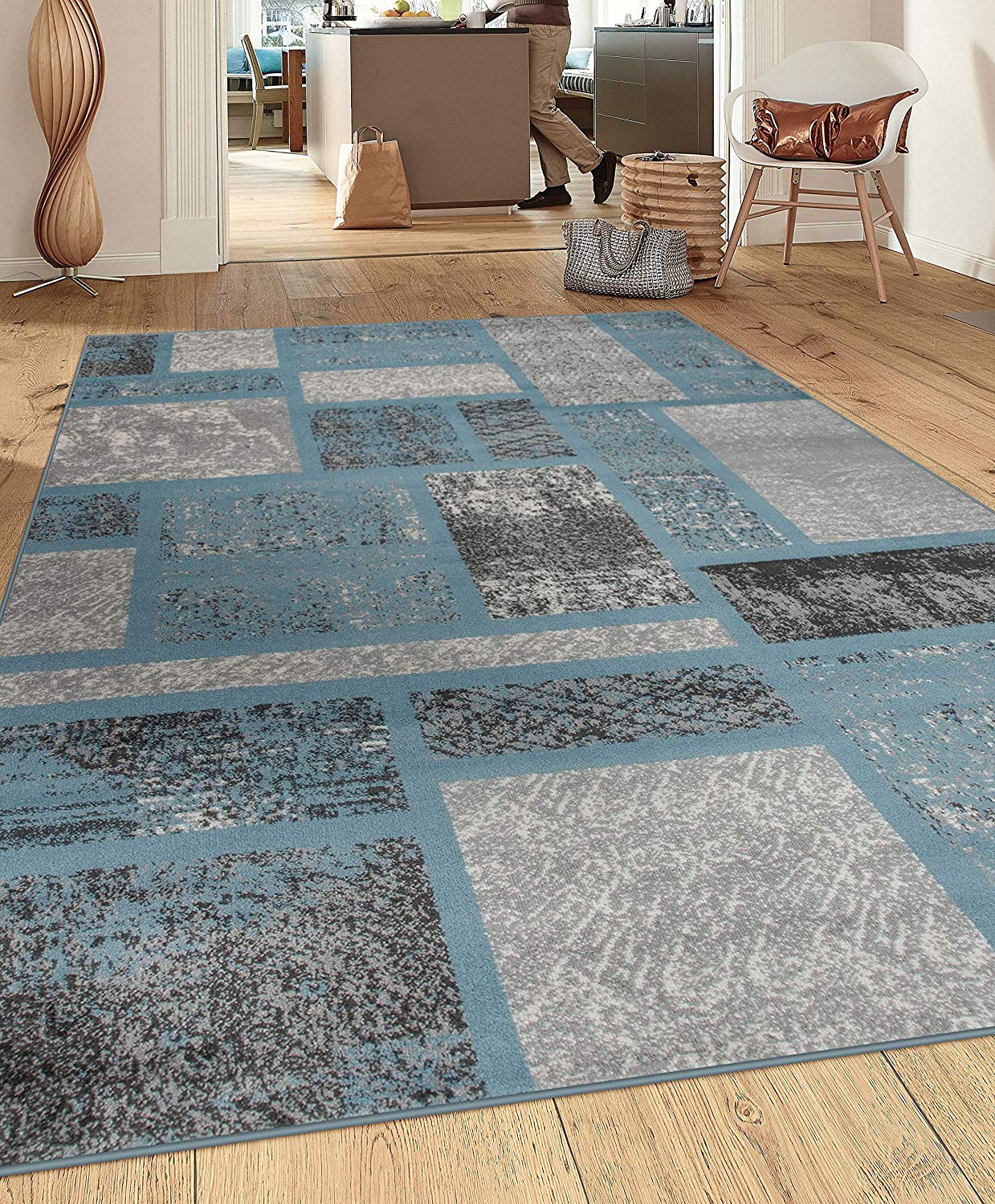 Box Pattern Teal Blue Area Rug