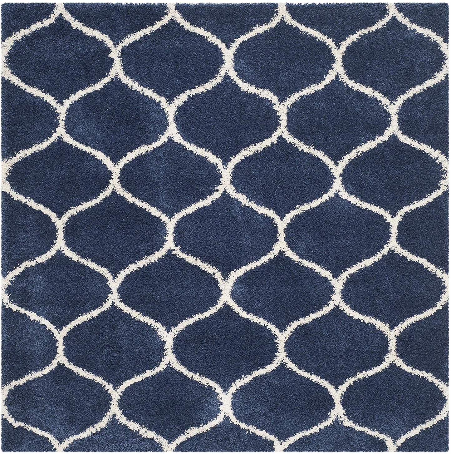 Moroccan Pattern Navy Ivory Plush Shag Area Rug