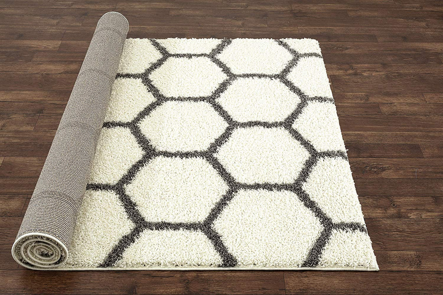 Cozy Geometric Shag Cream Gray Area Rug