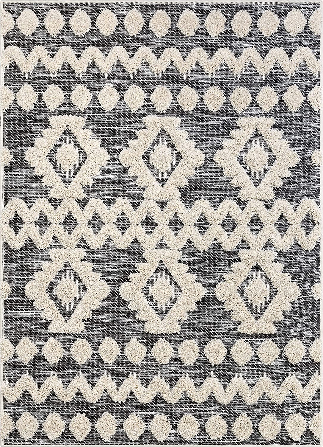 Cenar Grey Flat-Weave Hi-Low Pile Diamond Medallion Stripes Moroccan Tribal Area Rug