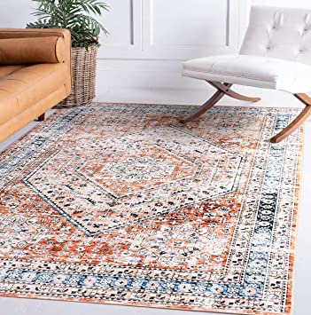 Distressed Traditional Machine Washable Non Slip Area Rug Rust