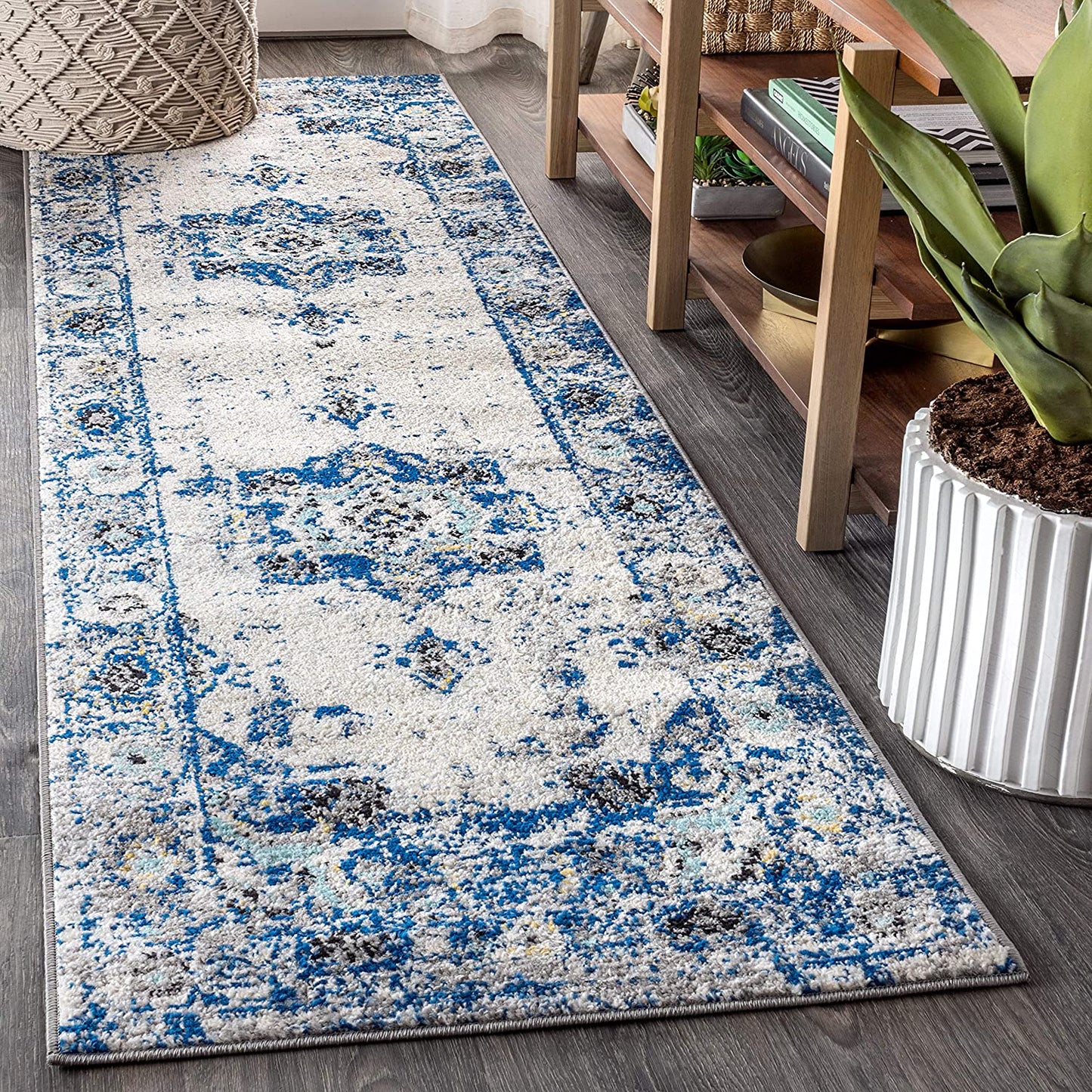 Modern Persian Boho Vintage Medallion Cream/Blue Soft Area Rug