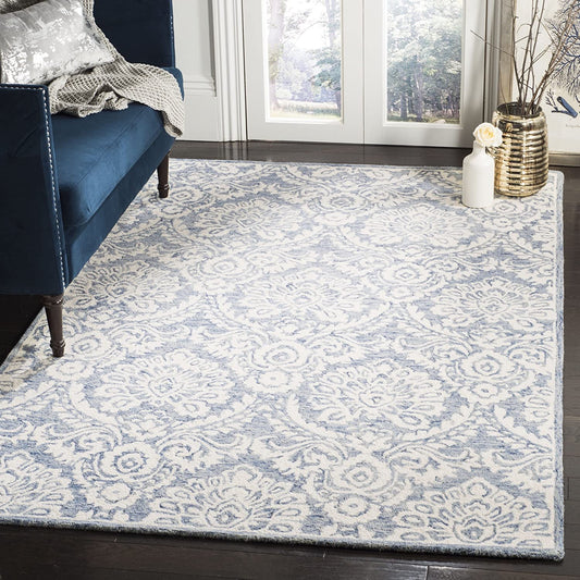 Damask Handmade Premium Wool Area Rug, Blue / Ivory