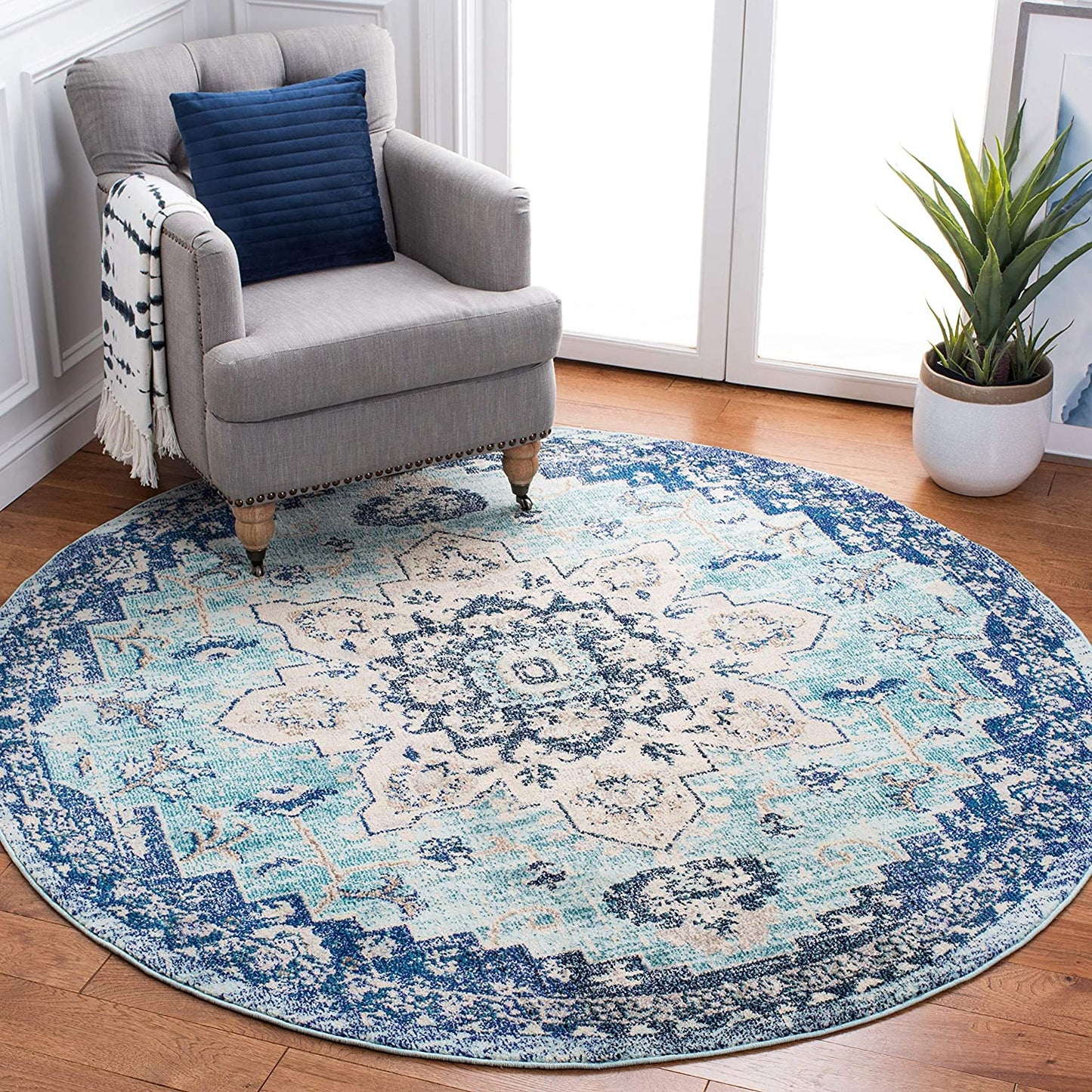 Boho Chic Medallion Distressed Soft Area Rug, Teal / Navy