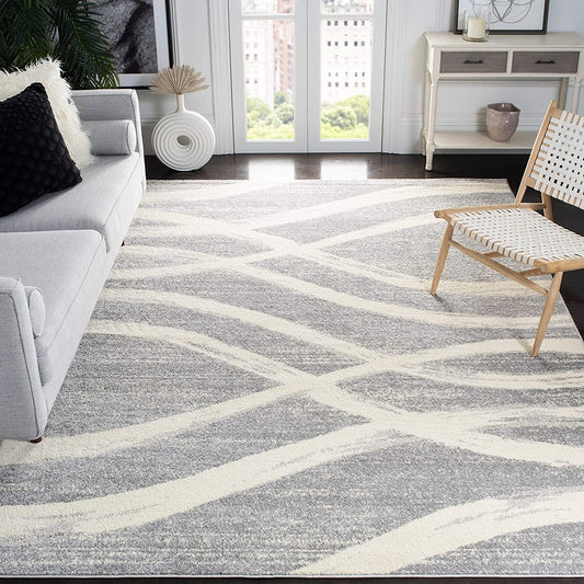 Modern Wave Distressed Soft Area Rug, Grey / Cream