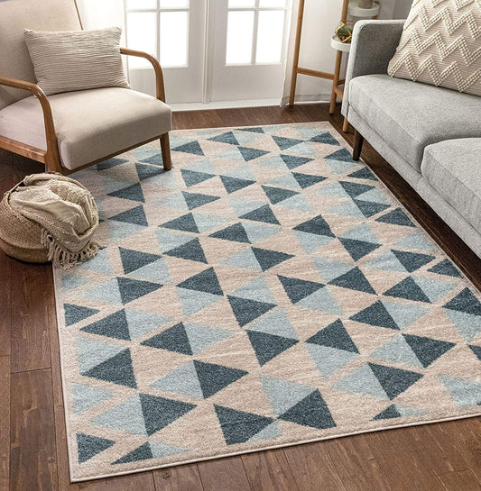 Modern Construct Triangles Geometric Blue Grey Area Rug