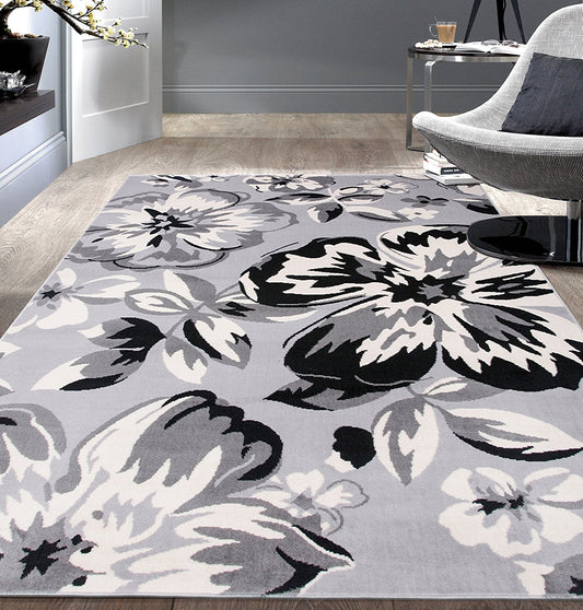 Gray/Grey Black White Floral Area Rugs