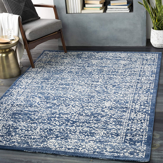 Preston Damask Floral Navy Soft Area Rug